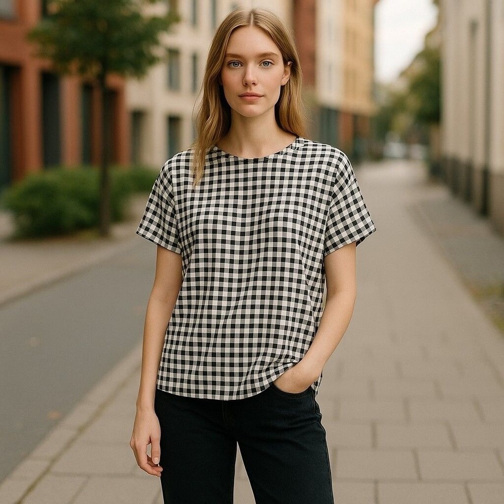 J. Jill Luxe Supima Relaxed Stretch Tee Black White Gingham Print Womens Size‎ S